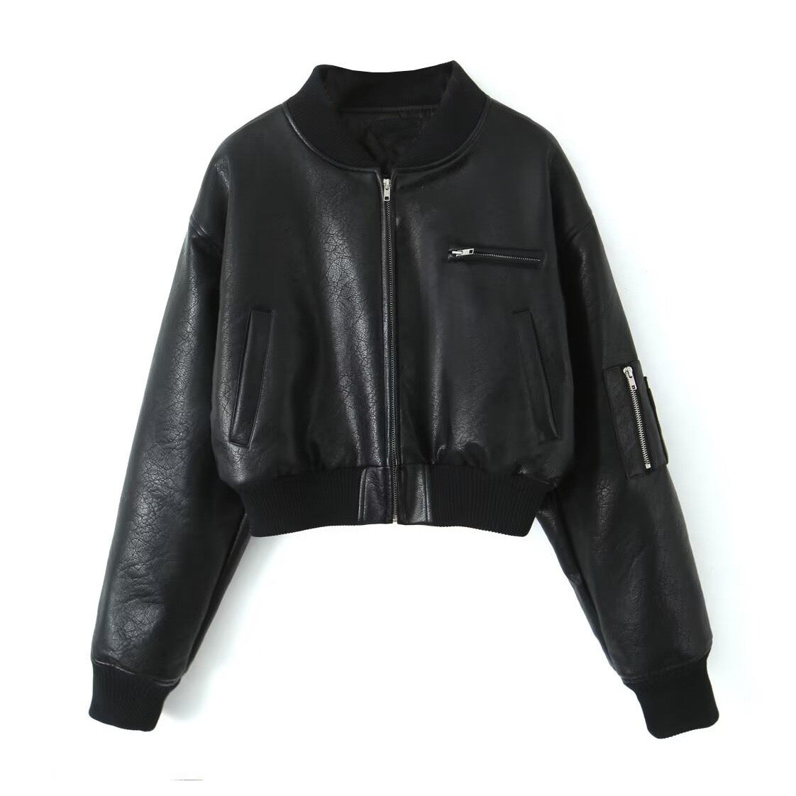 BLACK LEATHER BOMBER JACKET