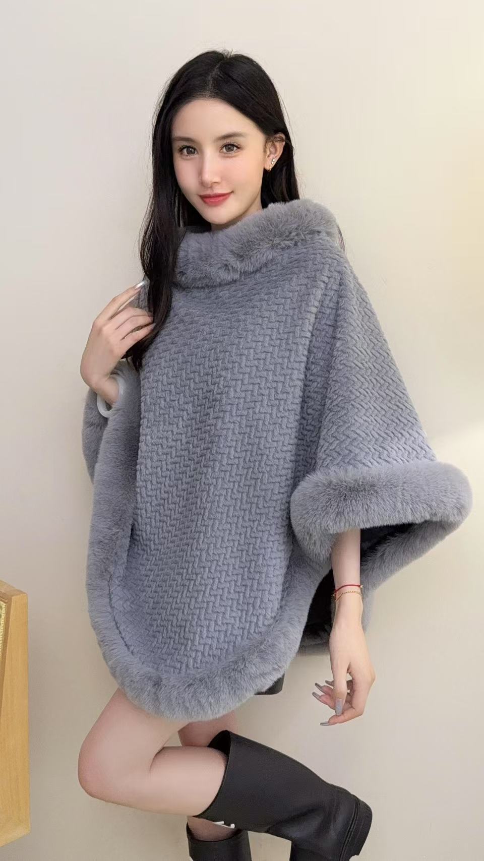 RICH&CLASSY FAUX PONCHO GREY