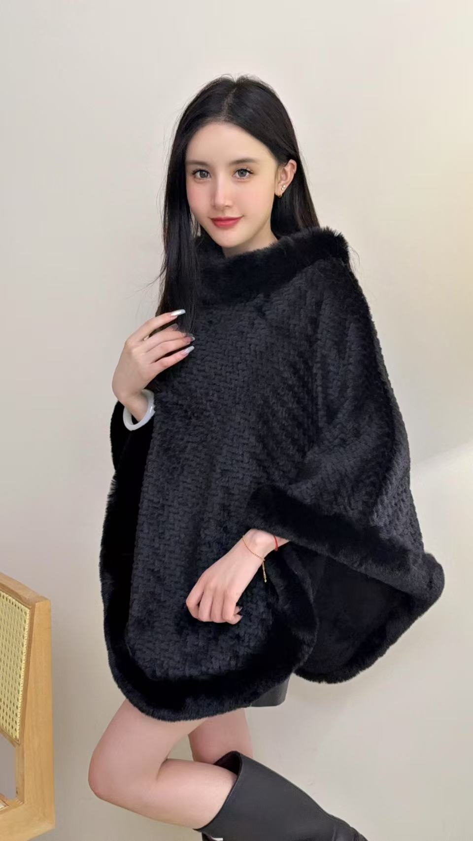 RICH&CLASSY FAUX PONCHO BLACK