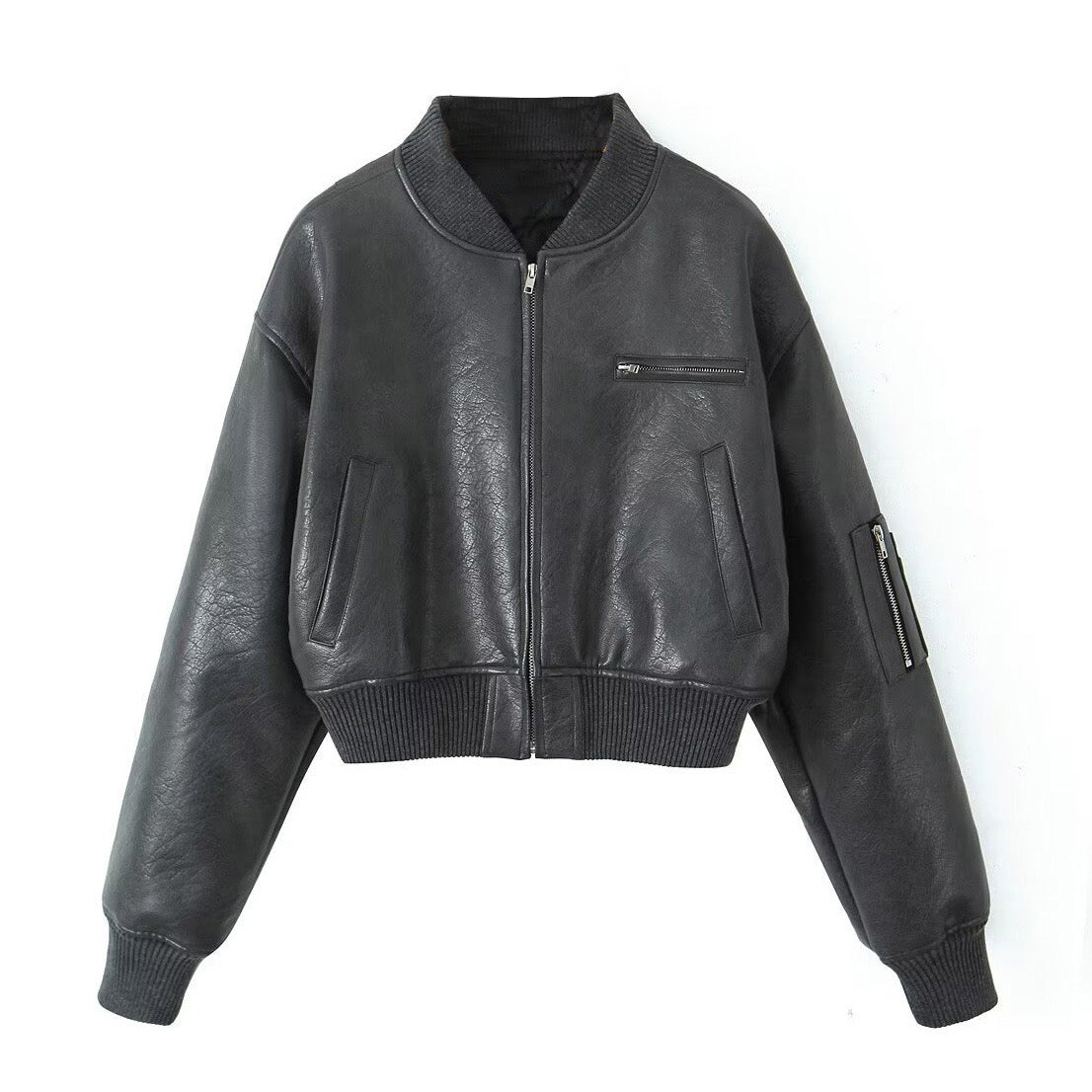 GREY LEATHER BOMBER JACKET