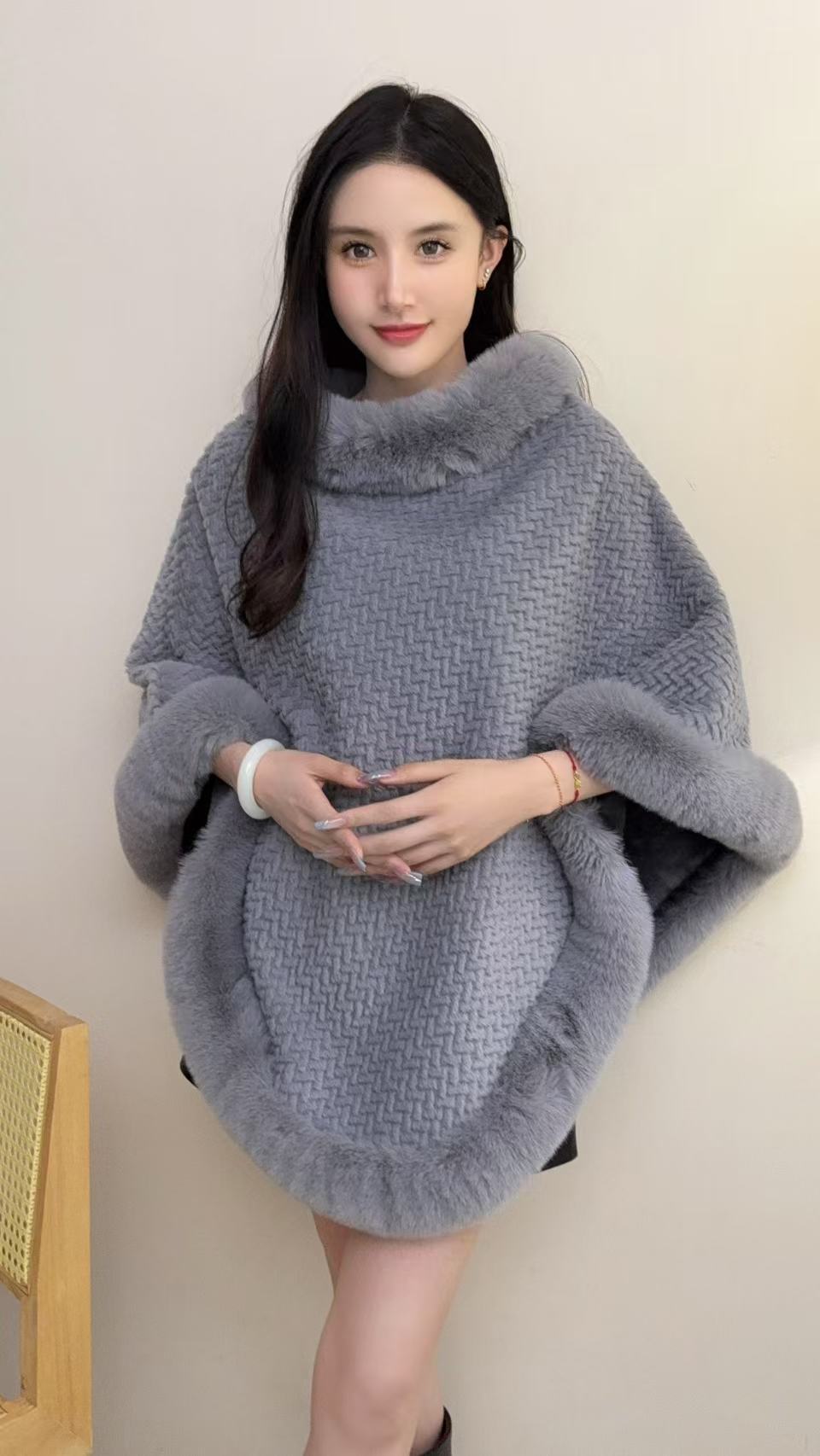 RICH&CLASSY FAUX PONCHO GREY
