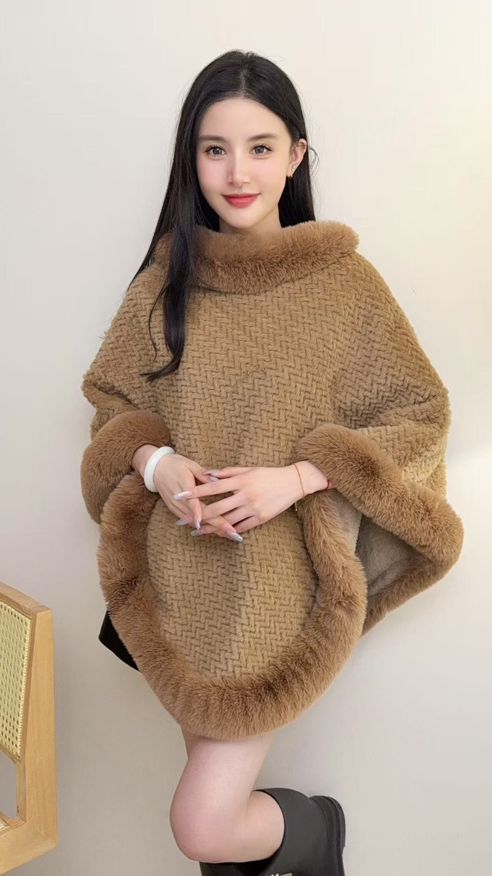 RICH&CLASSY FAUX PONCHO BROWN