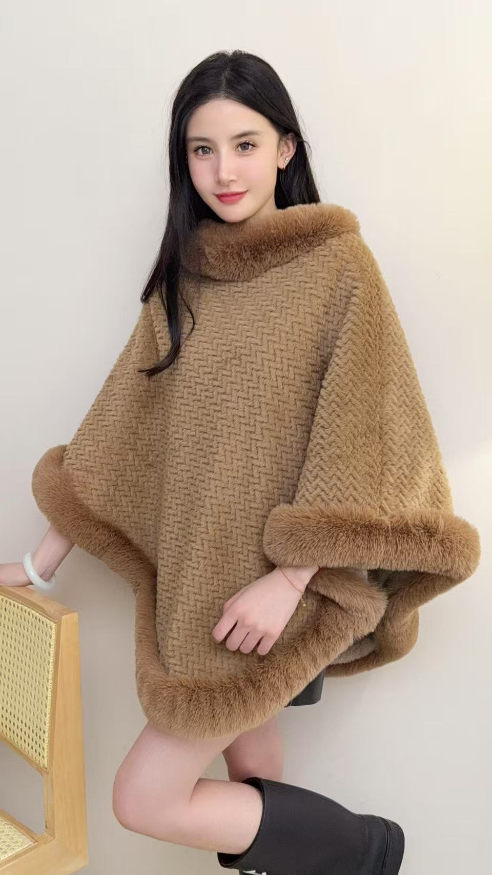 RICH&CLASSY FAUX PONCHO BROWN