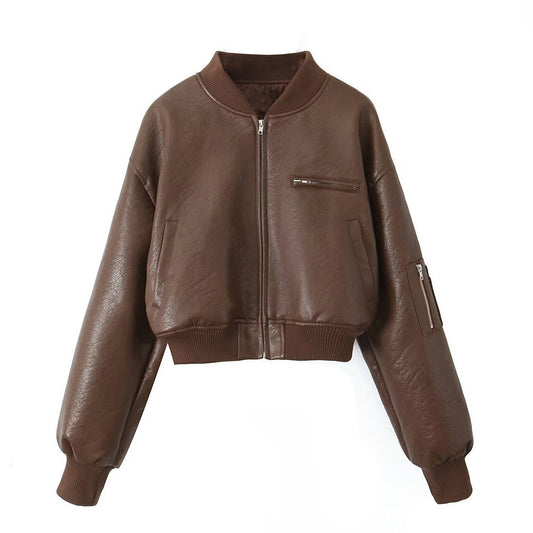 BROWN LEATHER BOMBER JACKET