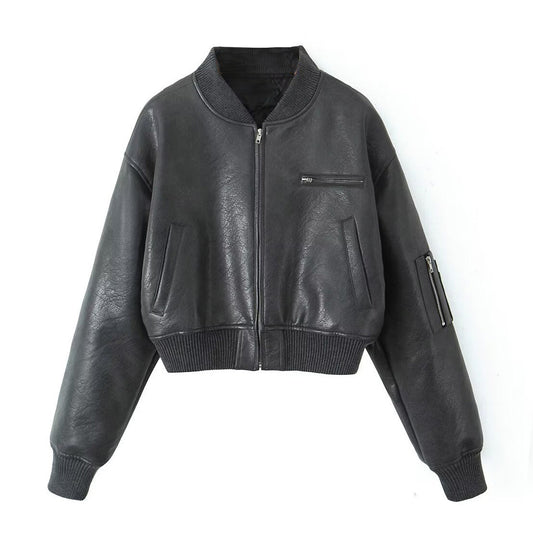 GREY LEATHER BOMBER JACKET